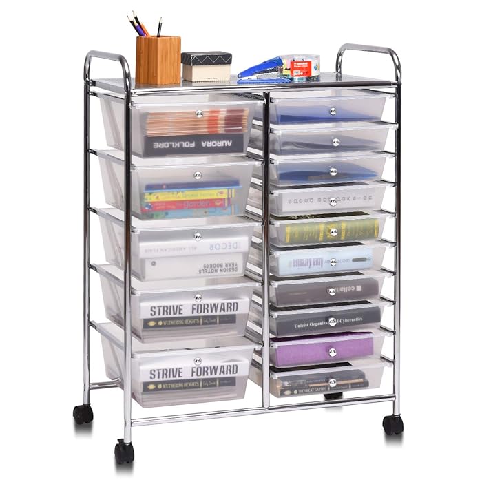 Buy Giantex 15 Drawer Rolling Storage Cart Tools Scrapbook Paper Office School Organizer, Clear