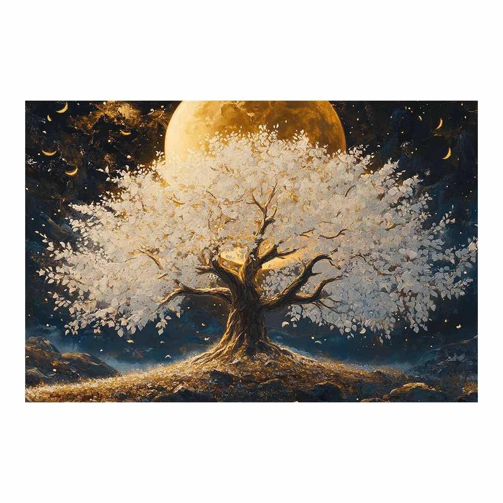ZAMAEIU Tree of Life Painting Abstract Moon-companioned tree Panoramic Canvas Prints Pictures for Living Room Bedroom Home Office Wall Decoration(white)-80x120cm Unframed