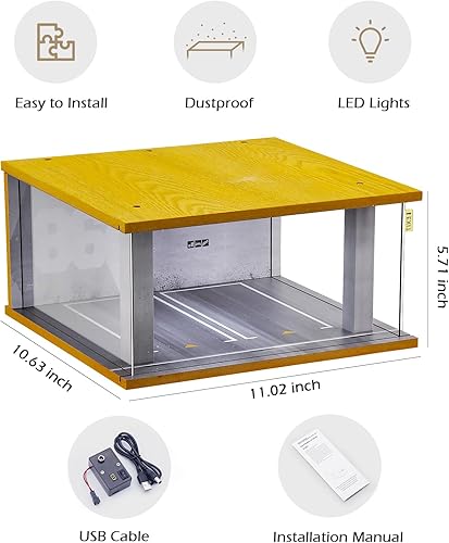 Miniatura 10 de cxiiuui Vitrina Hot Wheels a escala 124 con luz LED y cubierta acrílica, aparcamiento, garaje de madera, fundida a presión, 2 espacios de