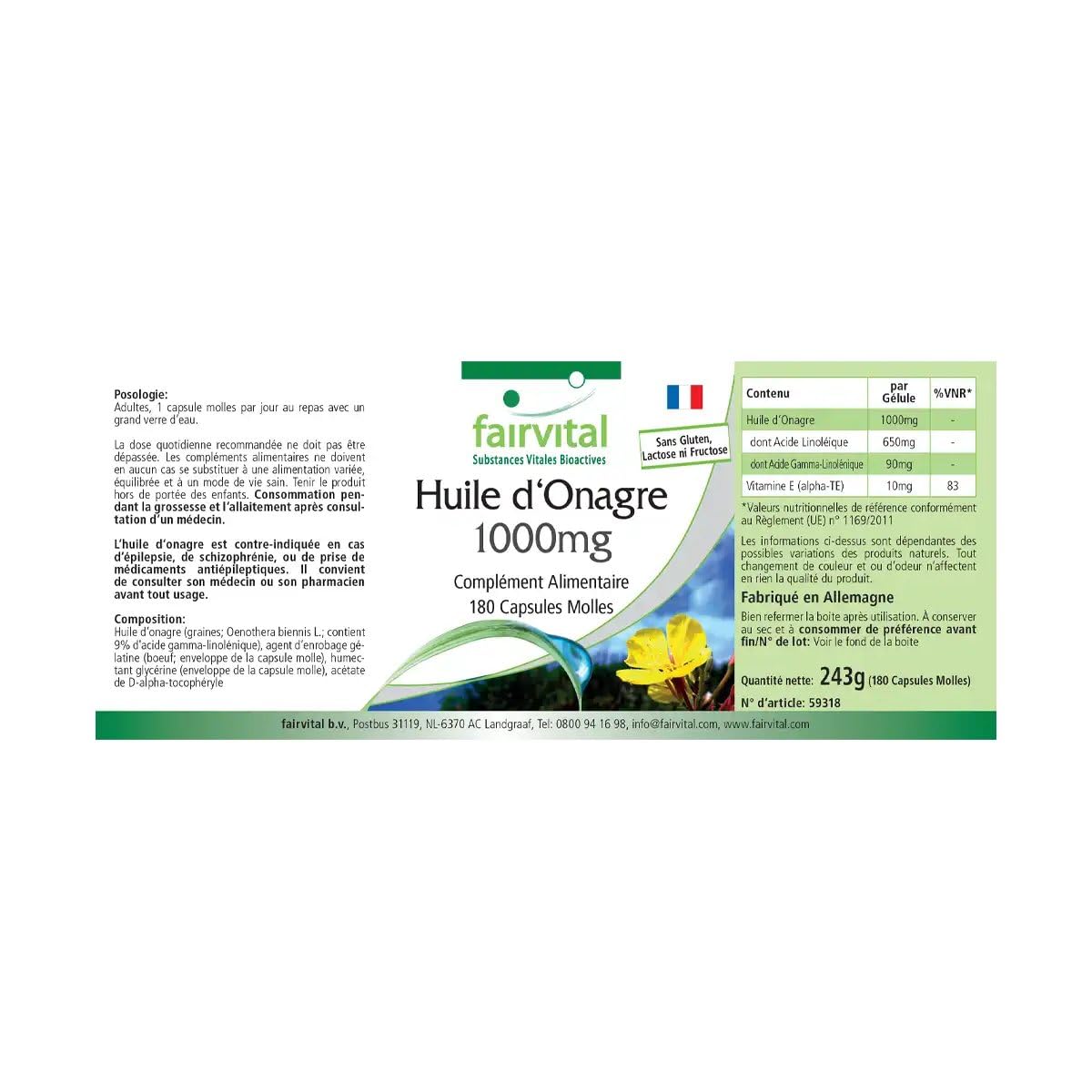 fairvital Nachtkerzenöl 1000 mg, 180 Softgels, Omega-6-Fettsäuren, 65% Linolsäure & 9% Gamma-Linolensäure, Für 1/2 Jahr, qualitätsgeprüft und hochdosiert