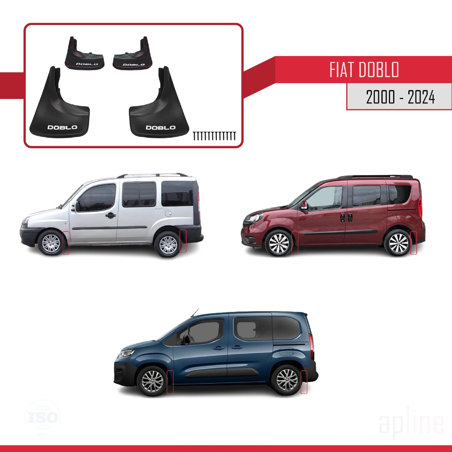 Compatibile con Fiat Doblo 2000-2024 Parafanghi anteriore + posteriore 4 pezzi KIT