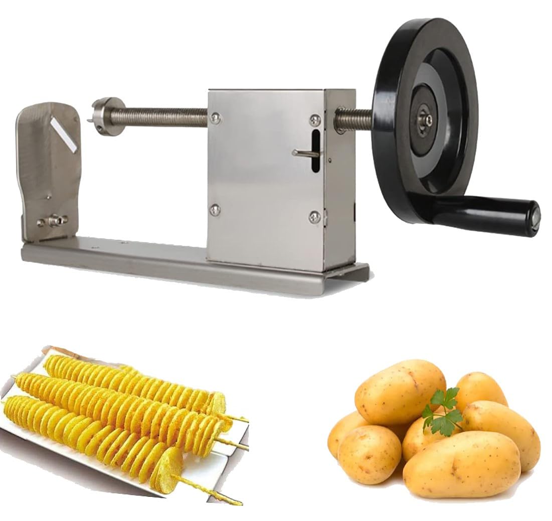 Machine Manuelle À Tour Chips Pommes Terre, Trancheuse Pommes Terre avec 2 Lames, Coupe Frites decoupe legumes Pommes Terre en Spirale/Frites Frisées/Hotdog Torsadé