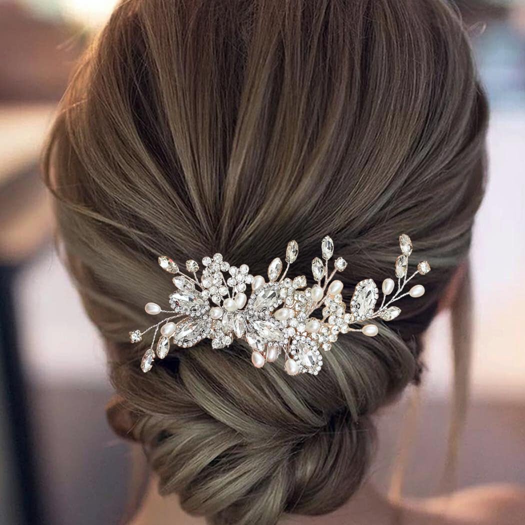 ALUINN Crystal Bride Hair Comb Pearl Hair Piece Rhinestone Wedding Bridal Hair Accessories for Women Brides and Bridesmaids (Silver)