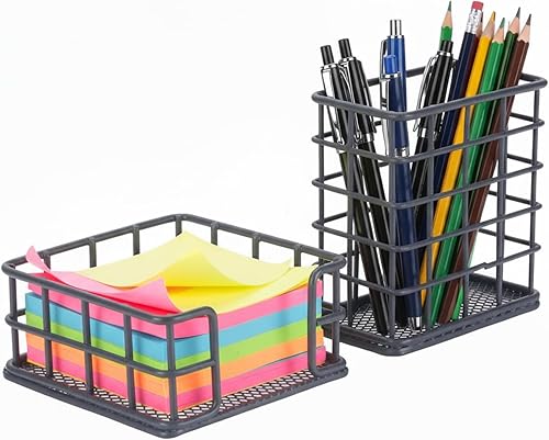 Mesh Pencil Holder Desk Organizer Set, 2-Piece Minimalist Metal Pen Holder & 3x3 Inch Sticky Note Dispenser for Office, Home and School Supplies