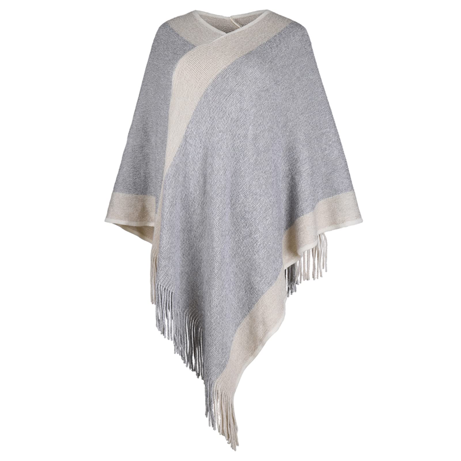 Women's Elegant Knitted Shawl Poncho with Fringed V-Neck Striped Sweater Pullover Cape Gifts for Women Mom