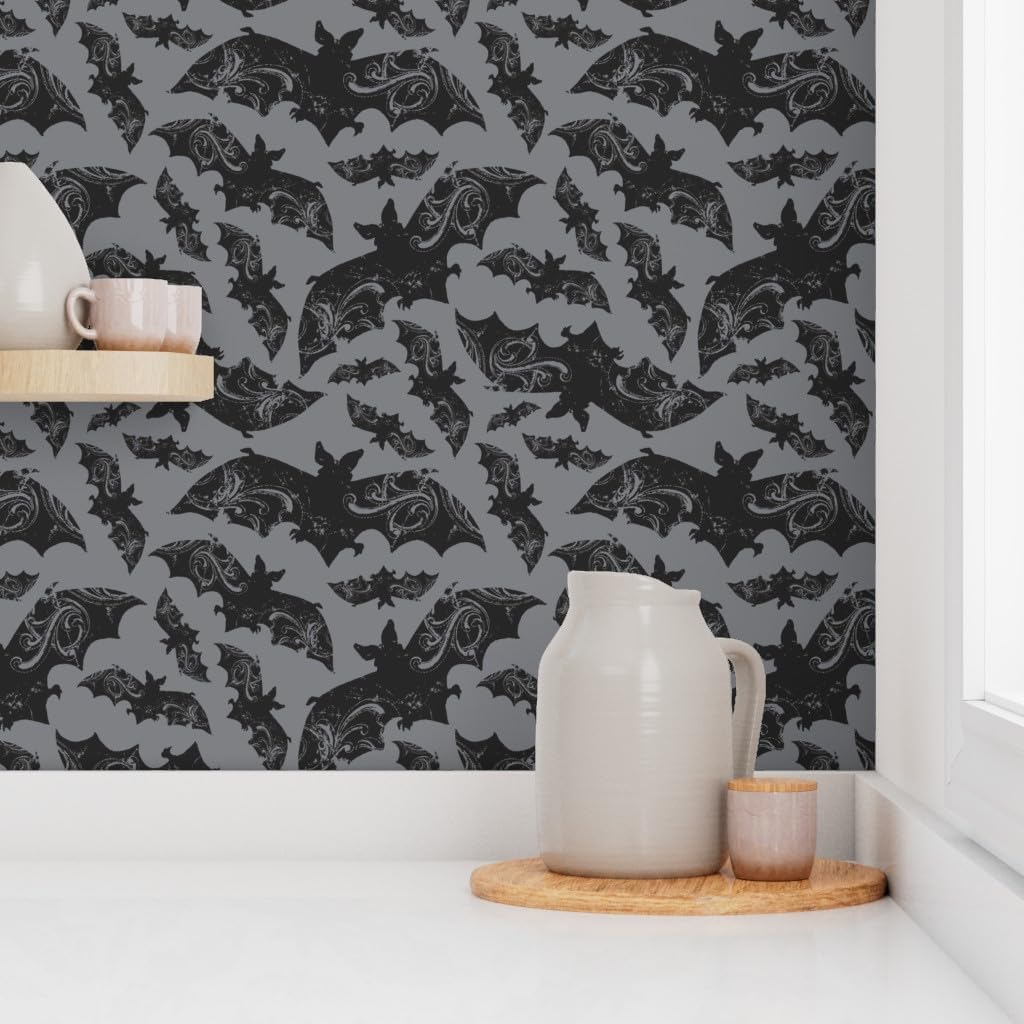 Spoonflower Peel & Stick Wallpaper Swatch - Night Flight Gothic Halloween Bats Grey Bat Animal Spooky Dark Cave Emo Creatures Wildlife Custom Removable Wallpaper