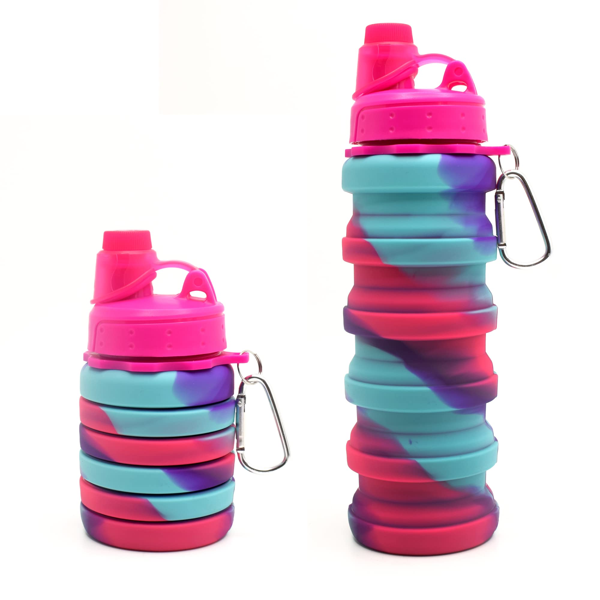 Kiditos Expandable Silicone Sipper Water Bottle For Kids For Sports, Trekking, Cycling, Gym, School Water Bottle With Snap Hook, Magenta/Blue (Pack Of 1 Unit), 500 Ml
