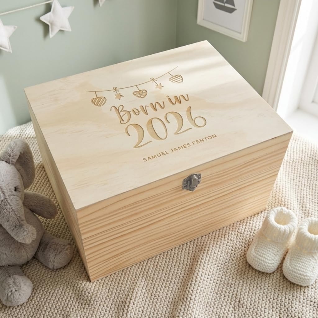Caja de madera personalizada para bebé "Born In 5,146.0 cm | Caja de recuerdos de bebé con guirnalda floral grabada | Nombre personalizado y detalles de nacimiento | Regalo de bautizo y bautismo 2026