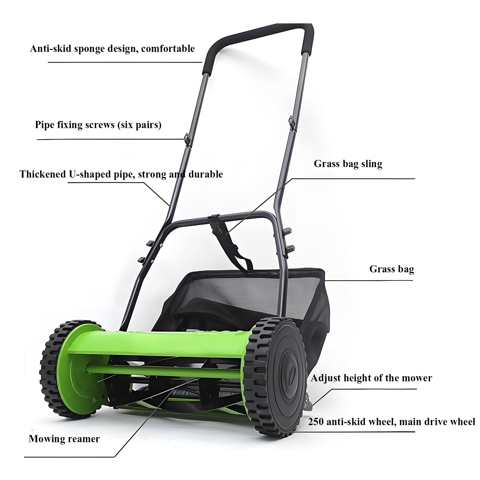 Cortacésped manual con altura de corte ajustable y bolsa de recogida, ideal para el cuidado del césped ecológico