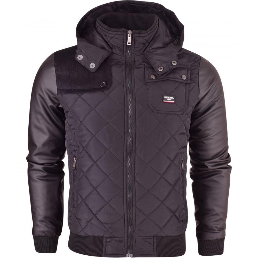 Mens Hooded Diamond Quilted Padded Bomber Jacket Coat Leather Look Arms