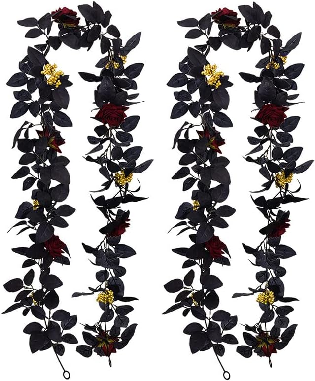 2PACK Artificial Black Rose Vine, Halloween Flower Garland with Roses and Golden Berries, Black Leaves Garland, Hanging Floral Garland for Halloween Home Wall Decorations,5.9 Ft (Black Roses)