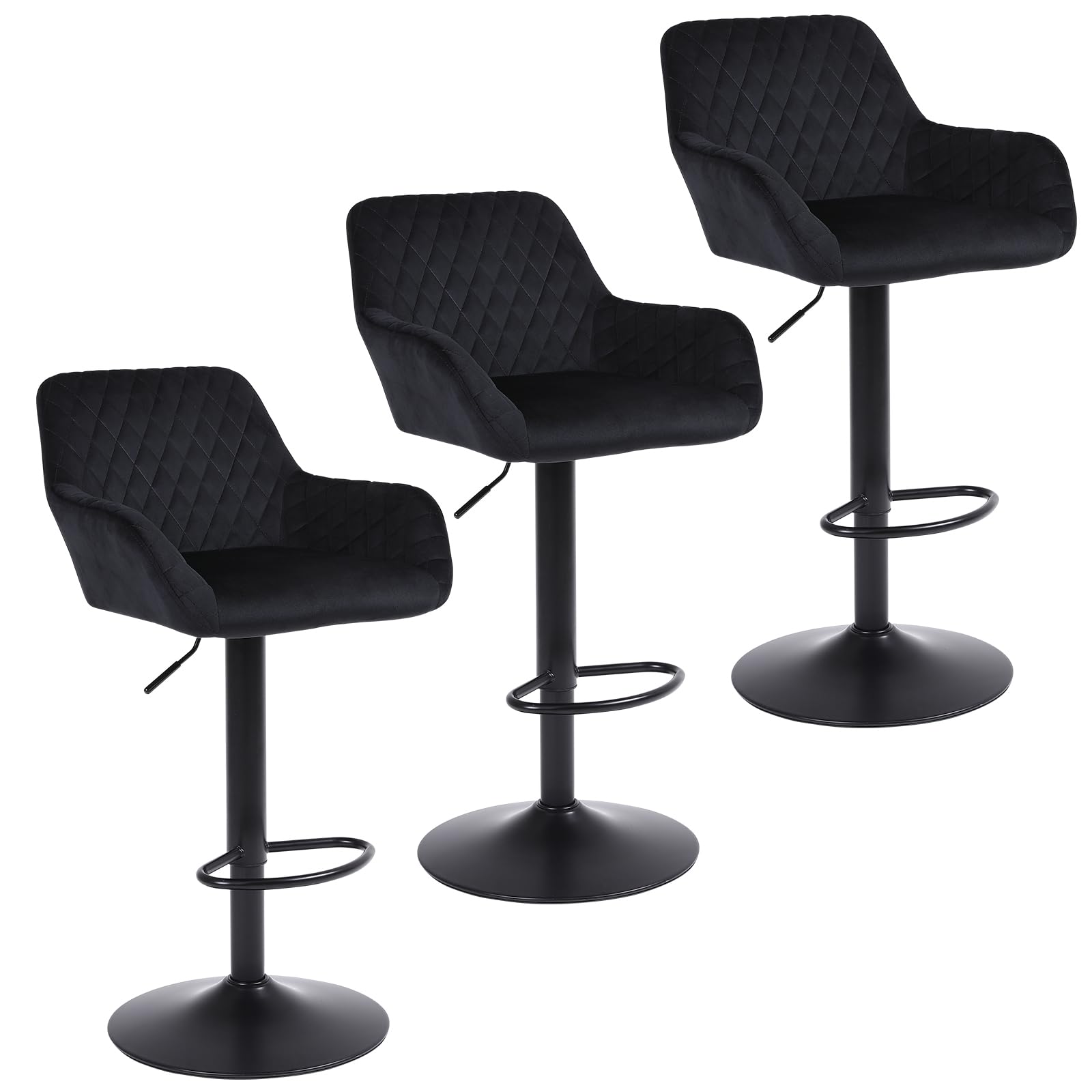 ralex-chair Bar Stools Set of 3, Height Adjustable Velvet Fabric Swivel Barstool Bar Chairs, Breakfast Dining Stools With Backrest and Armrest for Counter and Kitchen,Black