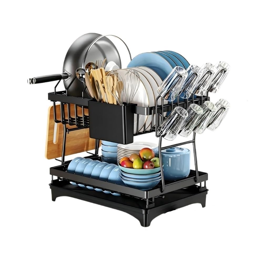 Jobaojiang Black 2 Tier Dish Drying Rack Multifunctional Kitchen Bowl Dish Drain Rack Complete Set For Tableware Cutlery Cup Storage(9,1)