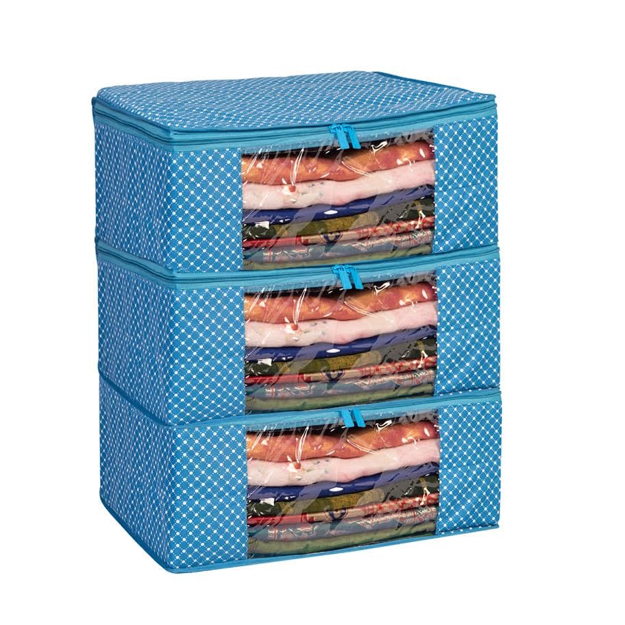 Homestrap set of 3 Cotton Quilted 3 Layered Foldable Saree Covers/Clothes Storage Bag/Wardrobe Organizer With Transparent Window And Zip For Lehenga, Suit, Dress,& Accessories (Blue)