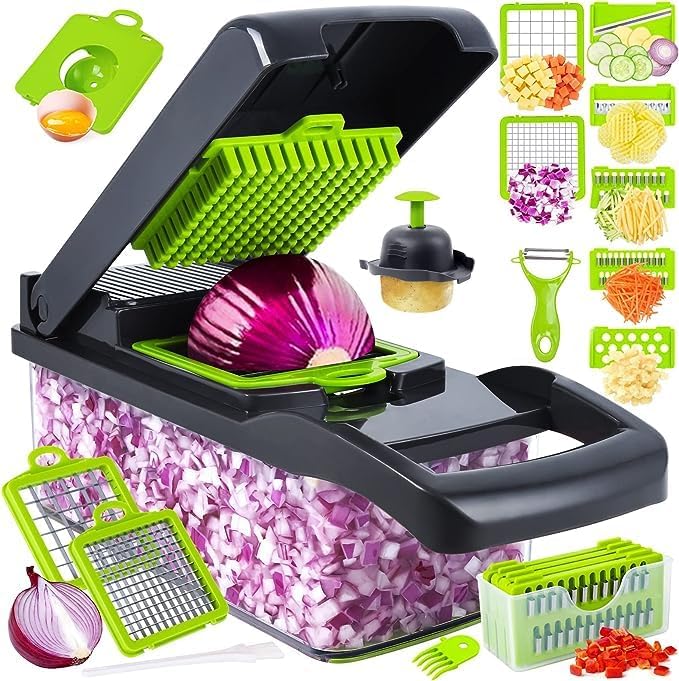 Juego de rebanador y cortador de verduras 16 en 1, incluye cuchillas de acero inoxidable, protector de mano, pelador y separador de huevos, sin BPA