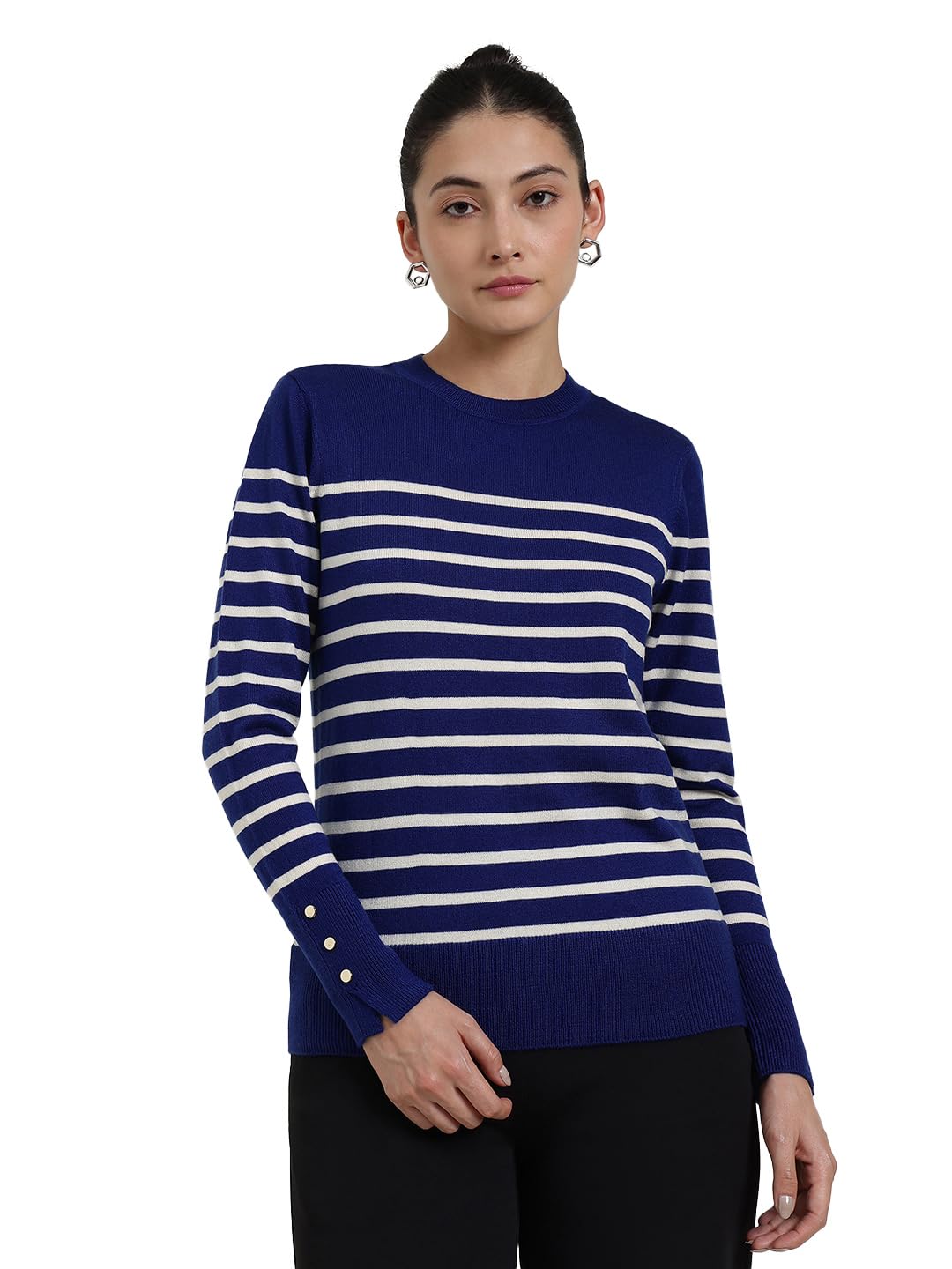 Women Pullover Sweater | Striped Round Neck Design | Soft Acrylic Fabric & Ribbed Hemline for Autumn-Winter Comfort-image-46