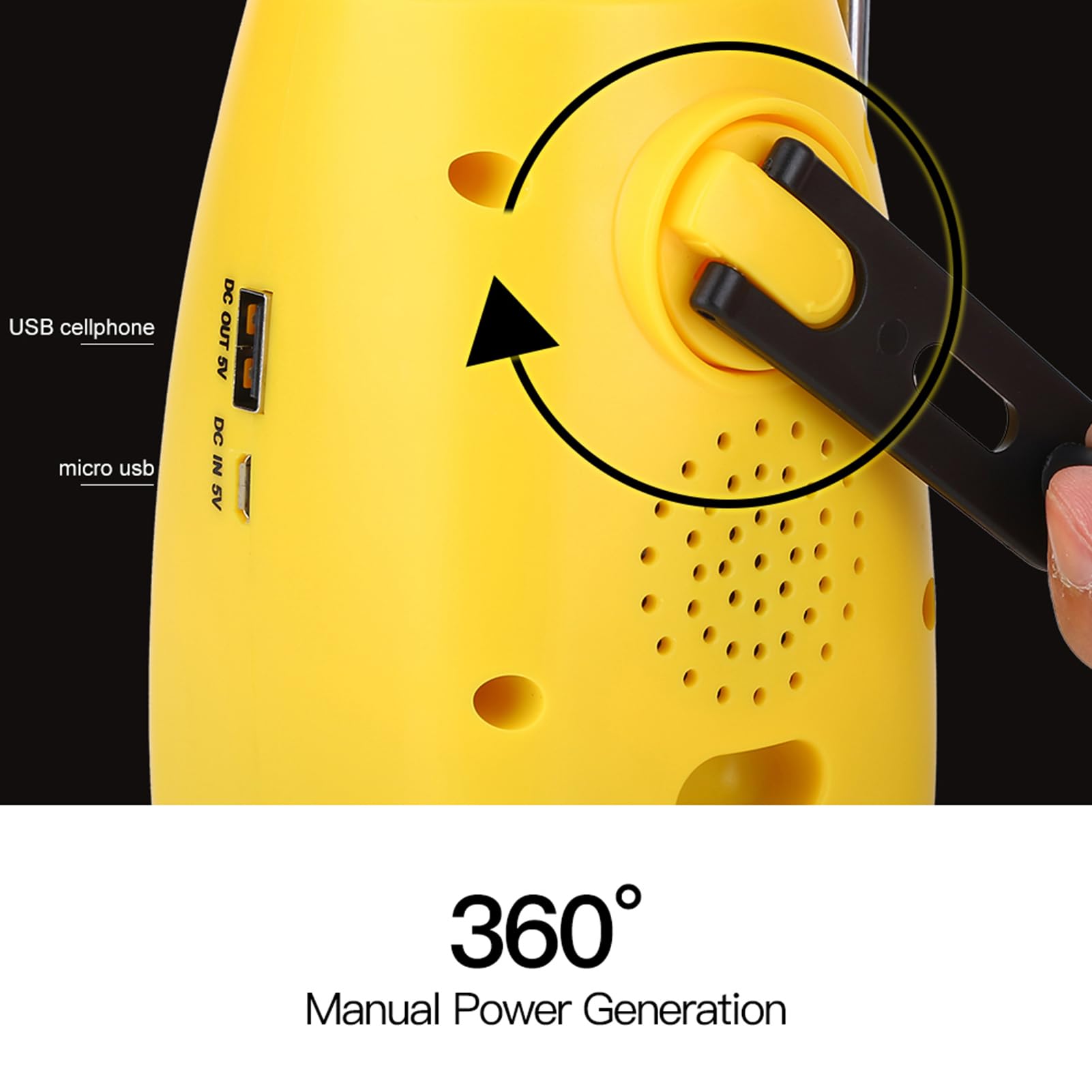 Radio de manivela solar multifuncional con linterna LED, cargador USB para teléfono y lámpara portátil para acampada, 2 niveles de brillo