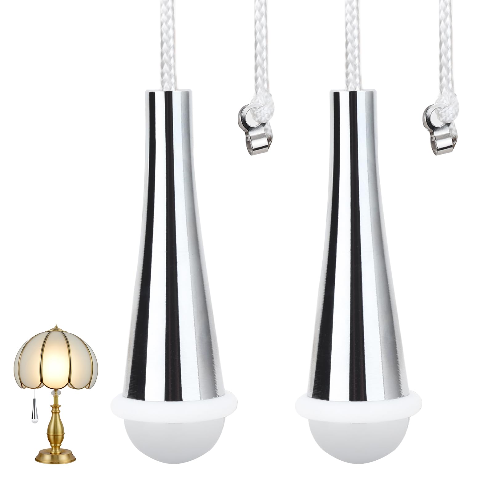 2 Pcs Bathroom Light Pull Cord, Chrome Teardrop Silicone Weighted Handle Pull Cord String Light Switch With 150cm Nylon White Extension Replacement For Toilet Ceiling Light Fan Shower Switch Silver