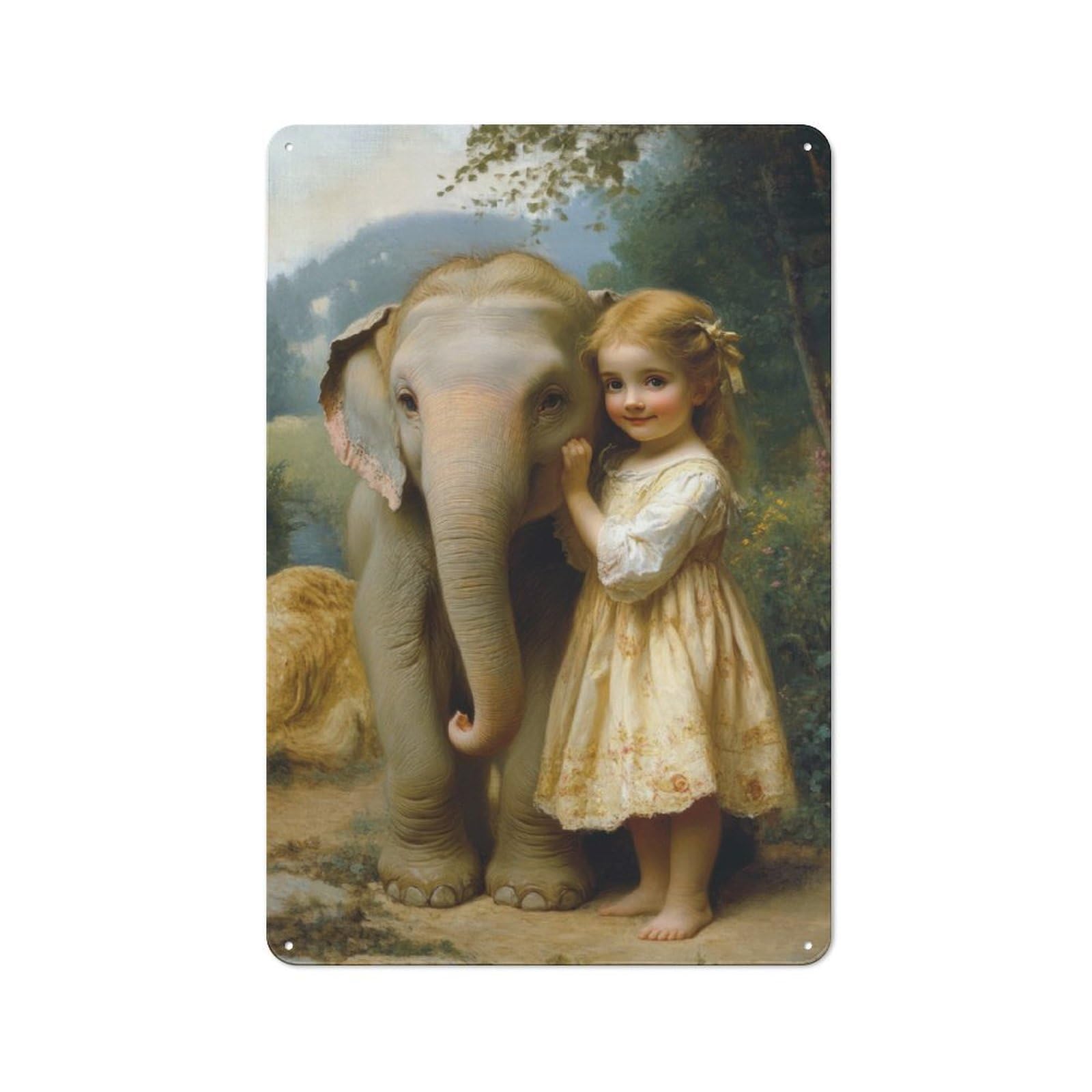 Classic Decorative Tin Plaque 30x20cm Featuring Girl And Elephant, Novelty Wall Art for Home, Shop, Pub Or Studio Wall