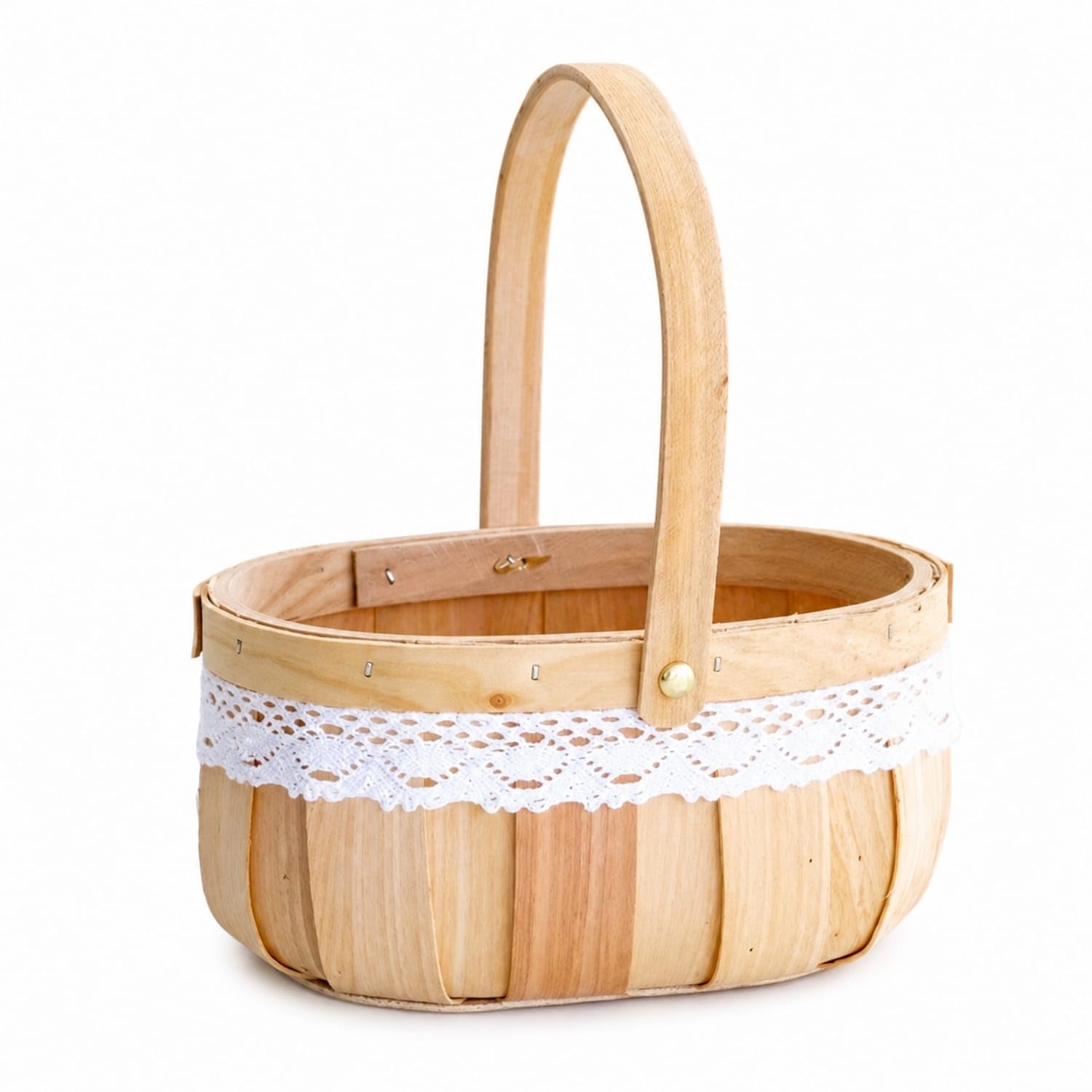 Ojiva® Hand-Held Oval Slat Trug Woven Flower Basket with Handle Shallow Wooden Flower Basket Portable for Florists, Brides, Weddings, Tabletop Decor, Lace Oval Large-image-18