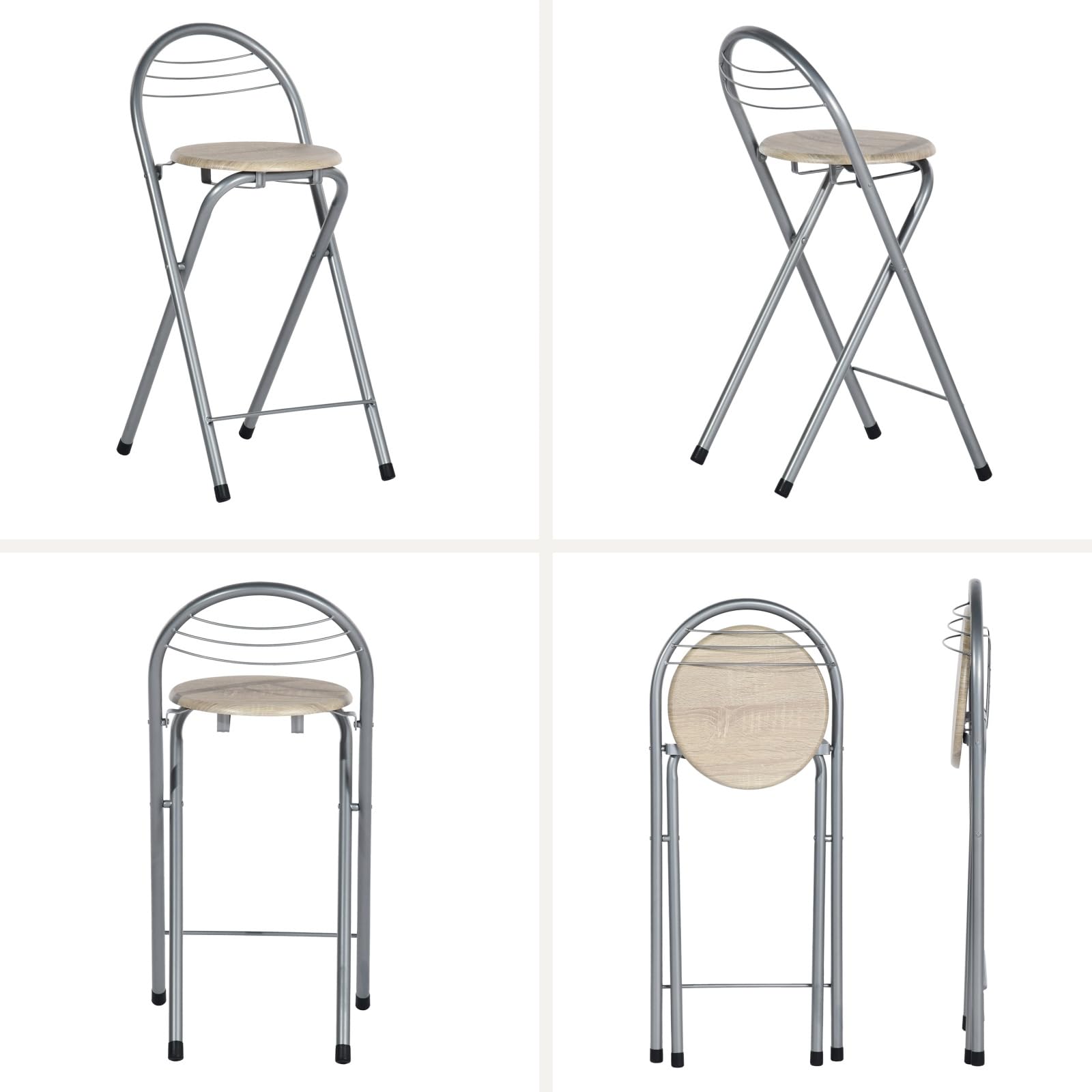 Tabouret de Bar Pliant, Tabouret Pliant Portable Chaise de Bar Pliante avec Dossier Tabouret Pliable pour Bistro Cuisine Terrasse Extérieure, Hauteur d'assise 61 cm, Chêne et Argent