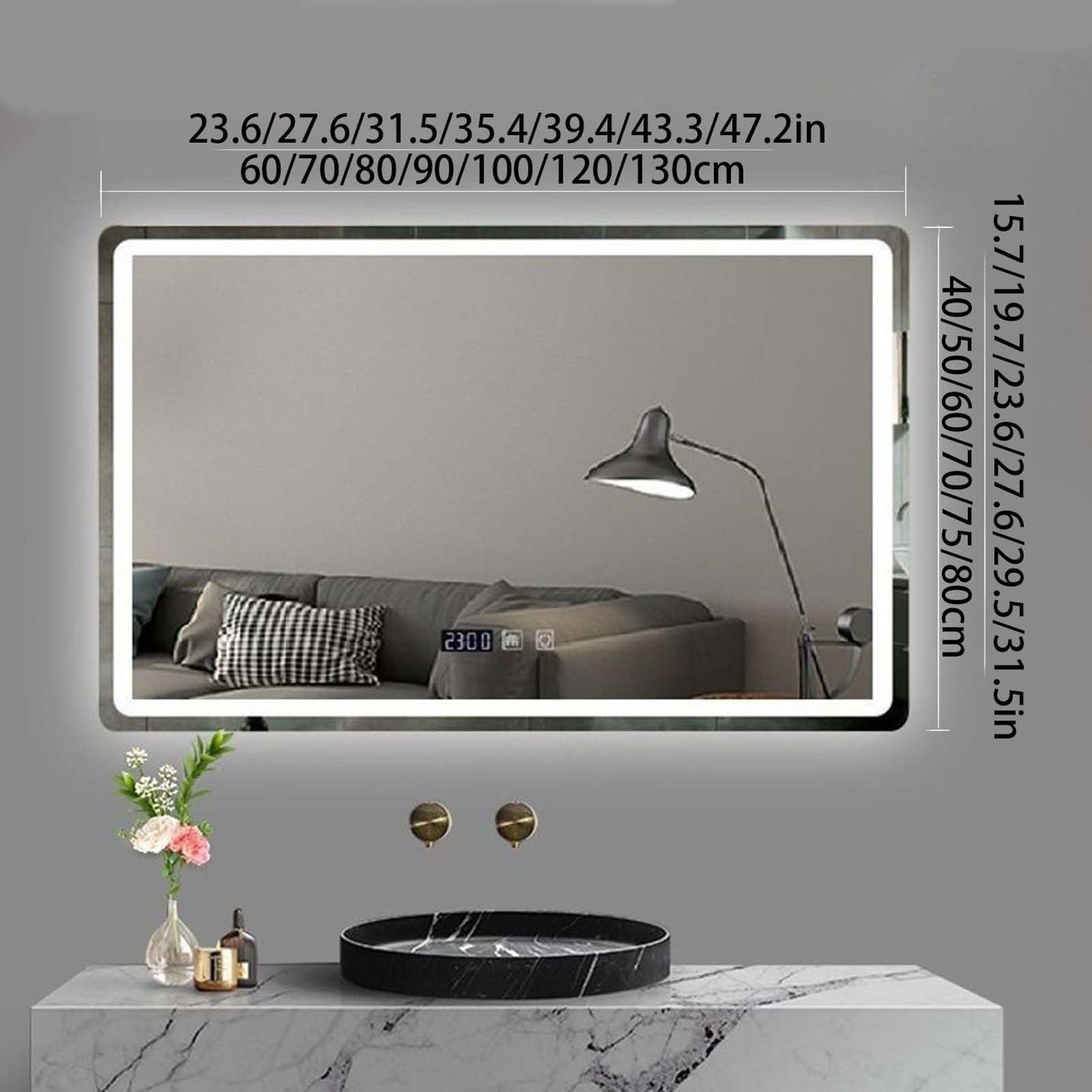 Espejo de Maquillaje LED Inteligente, Pantalla táctil antivaho con indicador de Hora y Temperatura, Espejo de tocador Rectangular con Marco de Metal Negro, Ideal para baño y Dormitorio (80 x