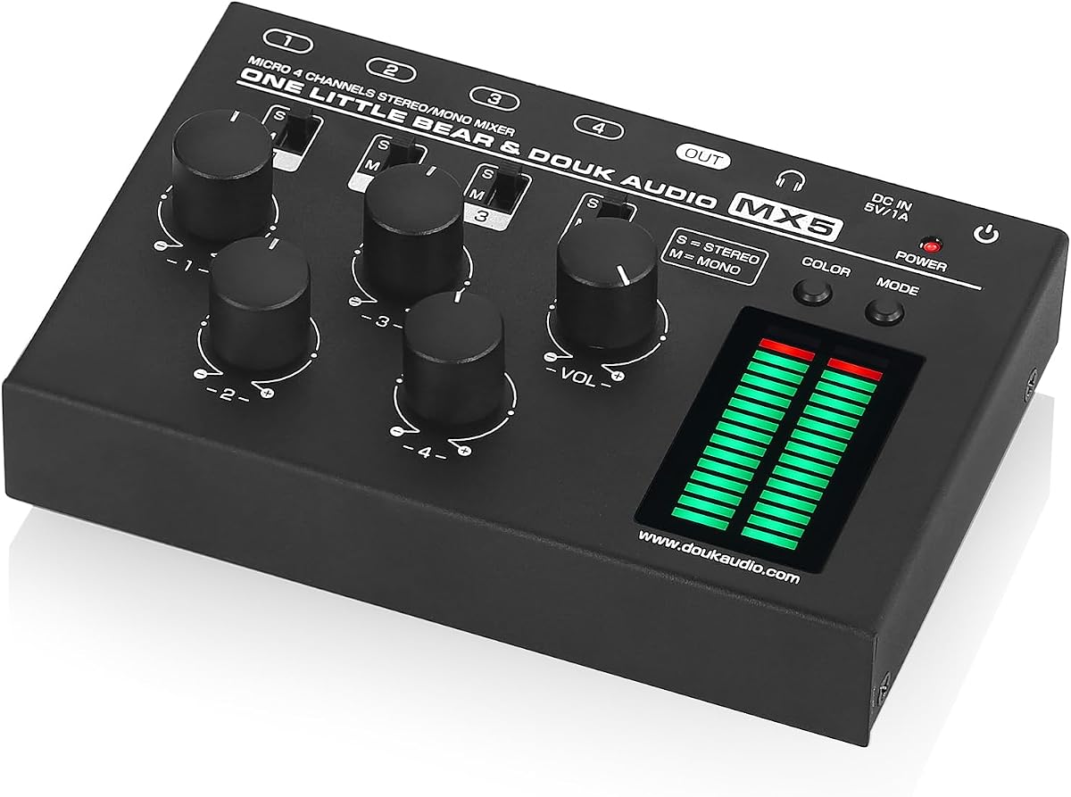 MX5 Mezclador de audio de 4 canales Mezclador de línea de 4 canales Mono Estéreo Medidor de nivel LED de ruido ultrabajo
