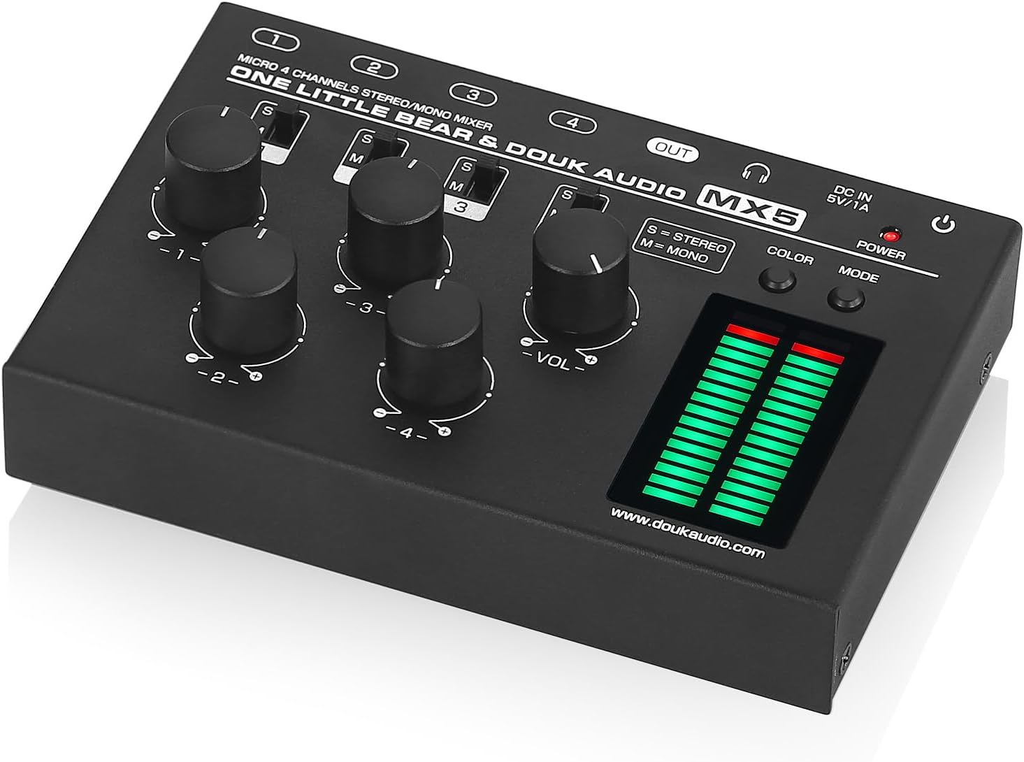 Douk Audio MX5 4 Channel Audio Mixer 4-CH Line-Mixing Mono Stereo Ultra Low-Noise LED Level Meter