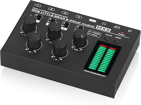 Douk Audio MX5 4 Channel Audio Mixer 4-CH Line-Mixing Mono Stereo Ultra Low-Noise LED Level Meter