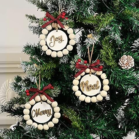 Shinowa Weihnachtsdeko Anhänger, 3 Stück Hölzern Weihnachtsbaumanhänger Set Weihnachtsbaum Deko mit Holzperlen Rote Beeren Weihnachtsbaumschmuck für Neujahr Feiertags Party Dekoration Cover
