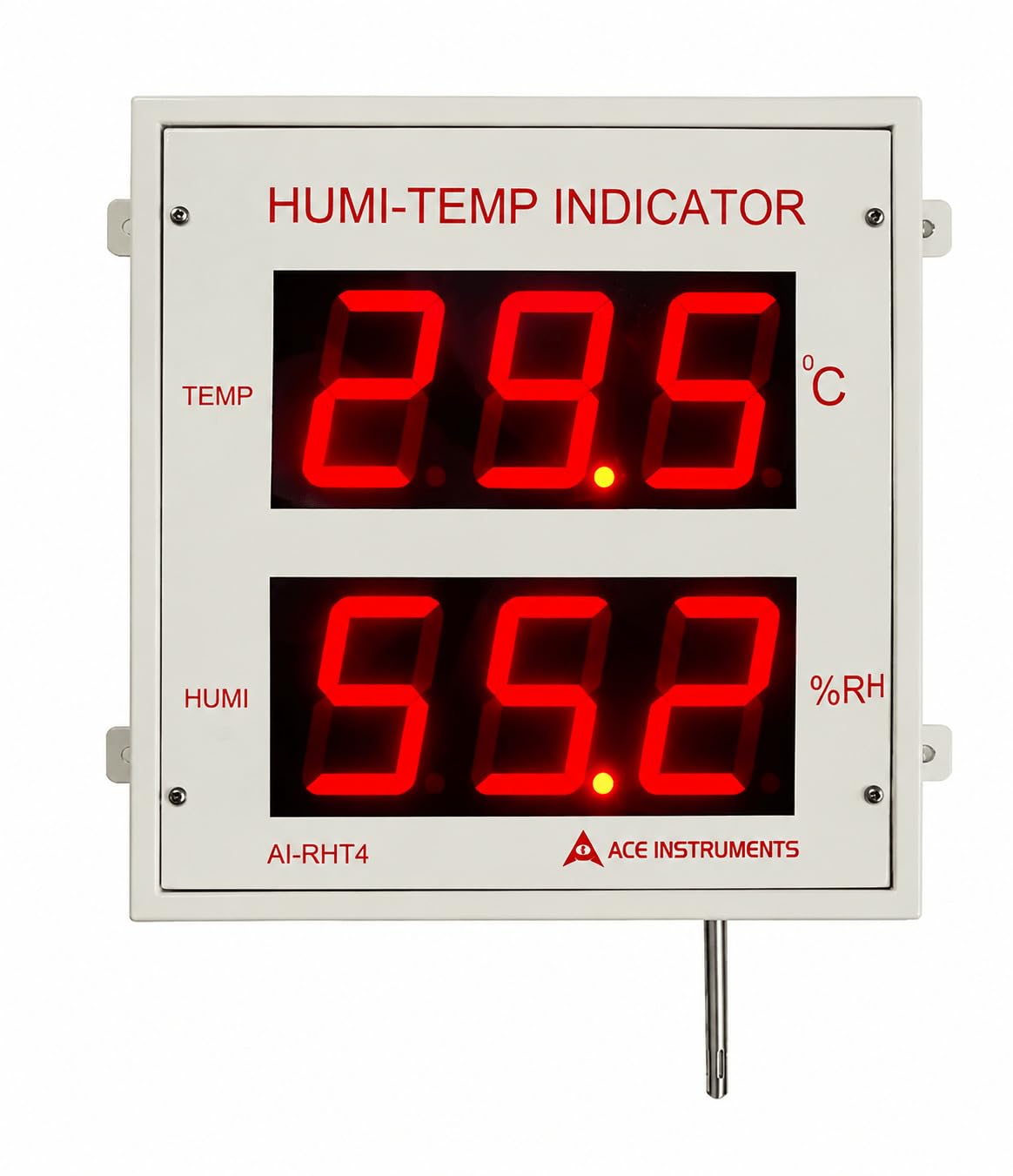 Indicador de temperatura y humedad con pantalla LED grande | 0–80 °C y 0–99,9% HR | Montaje en pared para almacenes, oficinas, escuelas y edificios públicos | AI-RHT4