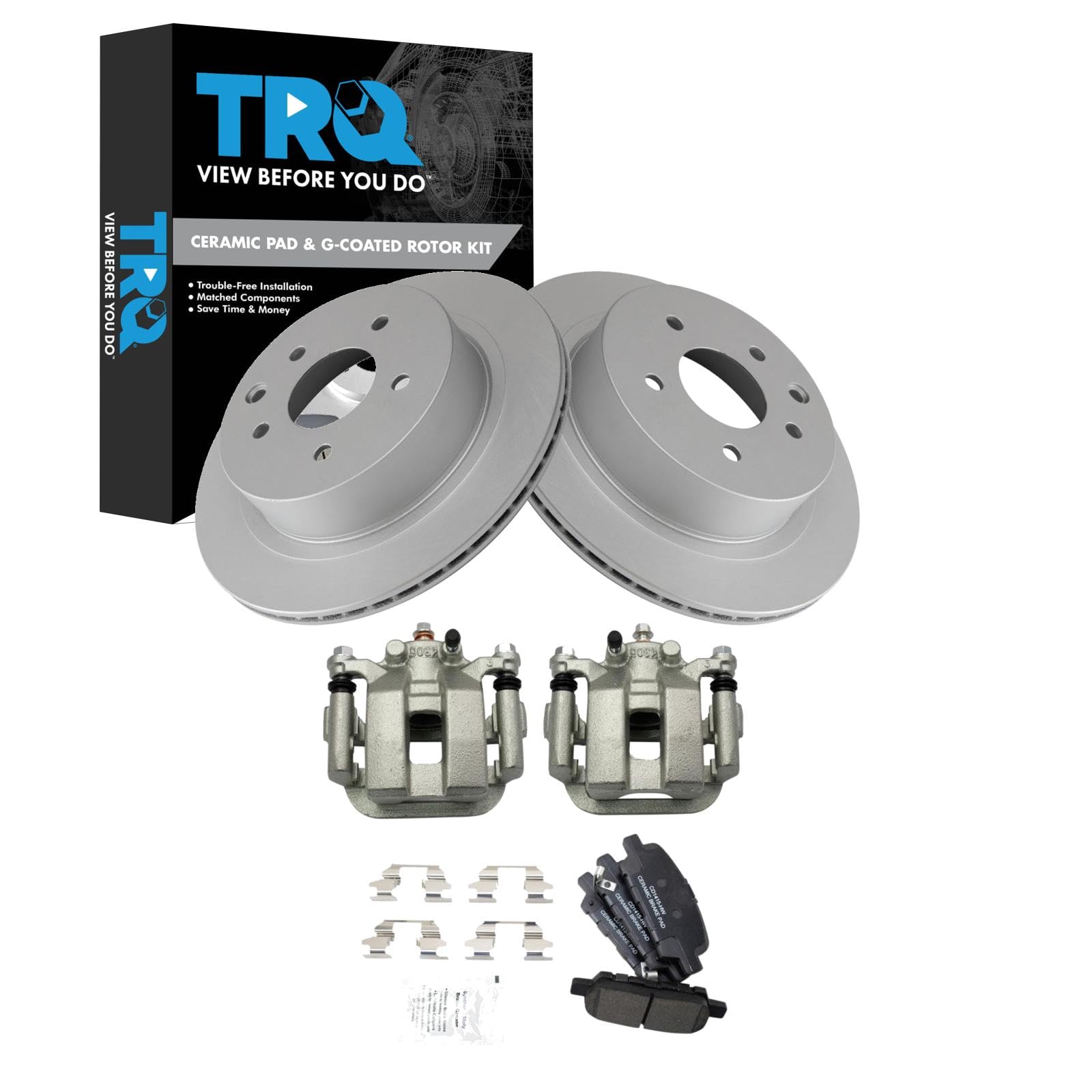 TRQ Brake Pad &amp; Rotor Kit Ceramic Premium G-Coated Compatible with 2003-2005 Infiniti G35 Nissan 350Z