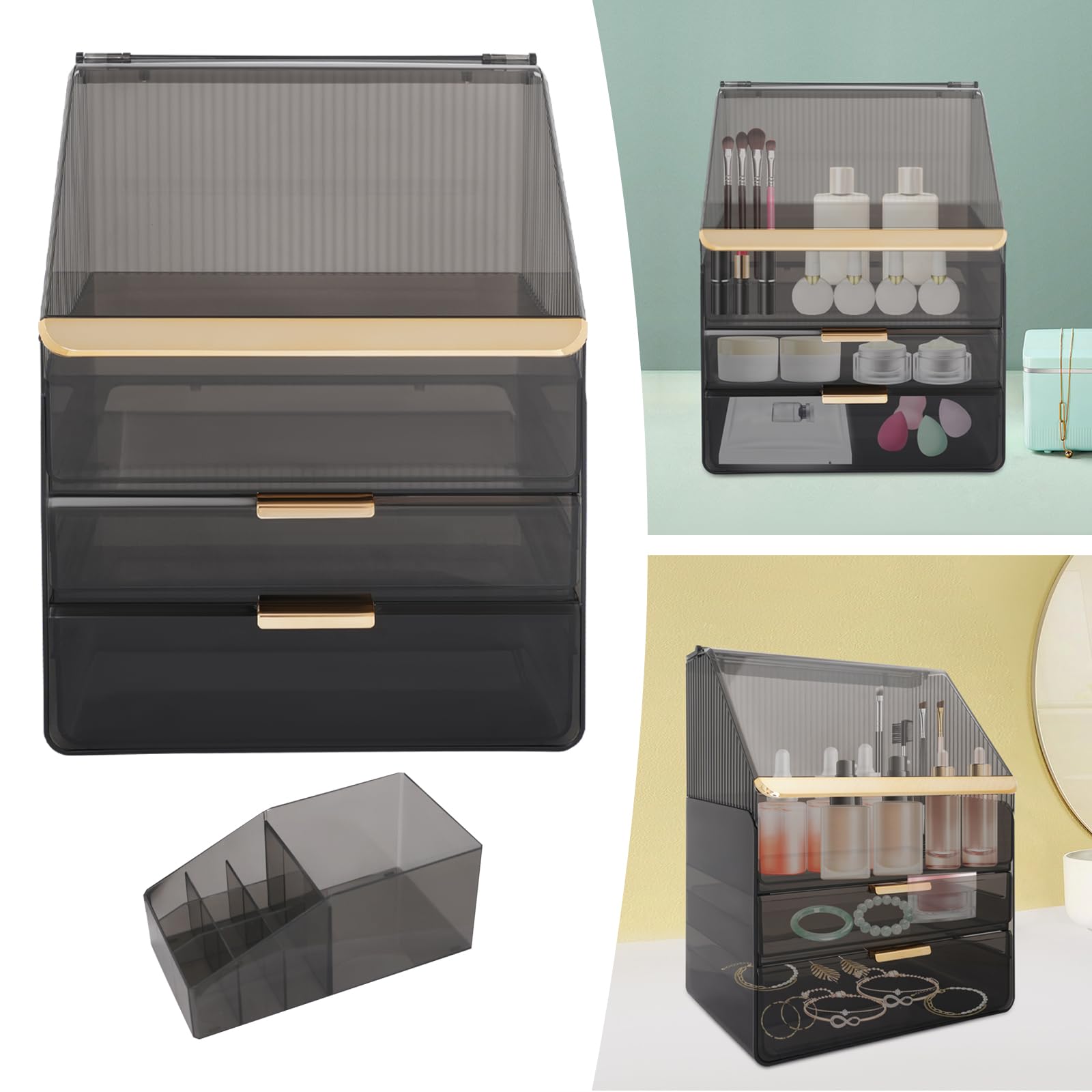 Schminktisch Organizer Make Up Kosmetik Makeup Organizers Schmink Make-up Organizer Schwarz, PET und ABS, Modern, Rechteckig, 2 Schubladen, 3 Ebenen, mit Lippenstifthalter, 30x19x37,2 cm