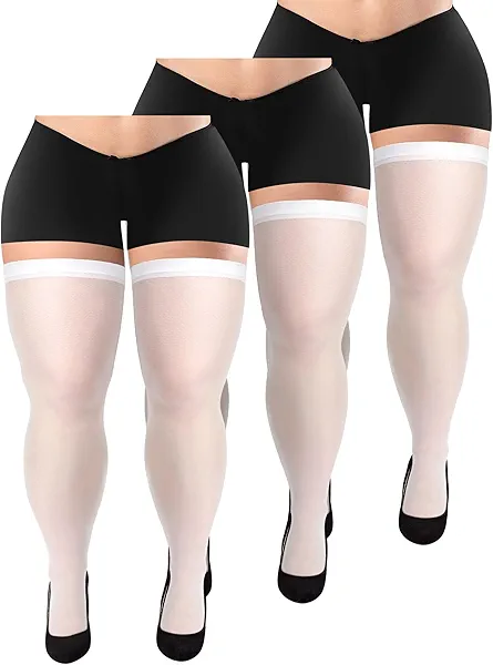 Geyoga 3 Pairs Plus Size Thigh High Stockings Semi Sheer Thigh High Socks Nylon over The Knee Tights Pantyhose for Women Girls (White)