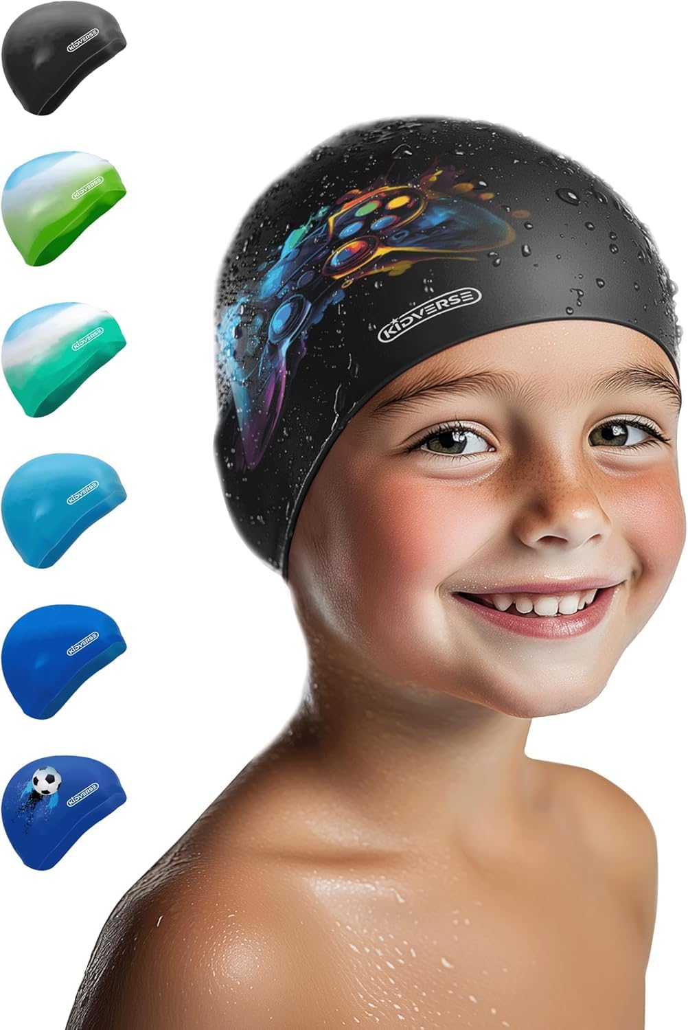 KIDVERSE Waterproof Kids Swimming Cap Boys Swim Hat with Anti-Slip Grips - Comfortable Silicone Boys Swimming Cap - Childrens Swim Hat with UV Protection