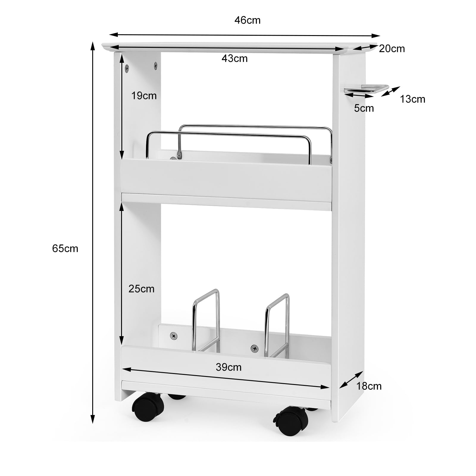 GOPLUS Chariot de Salle de Bain Mince, Meuble de Rangement à roulettes avec 2 étagères, Roue Verrouillable, Porte-Serviettes, pour Cuisine, Salle de Bain, 46x20x65cm, Blanc