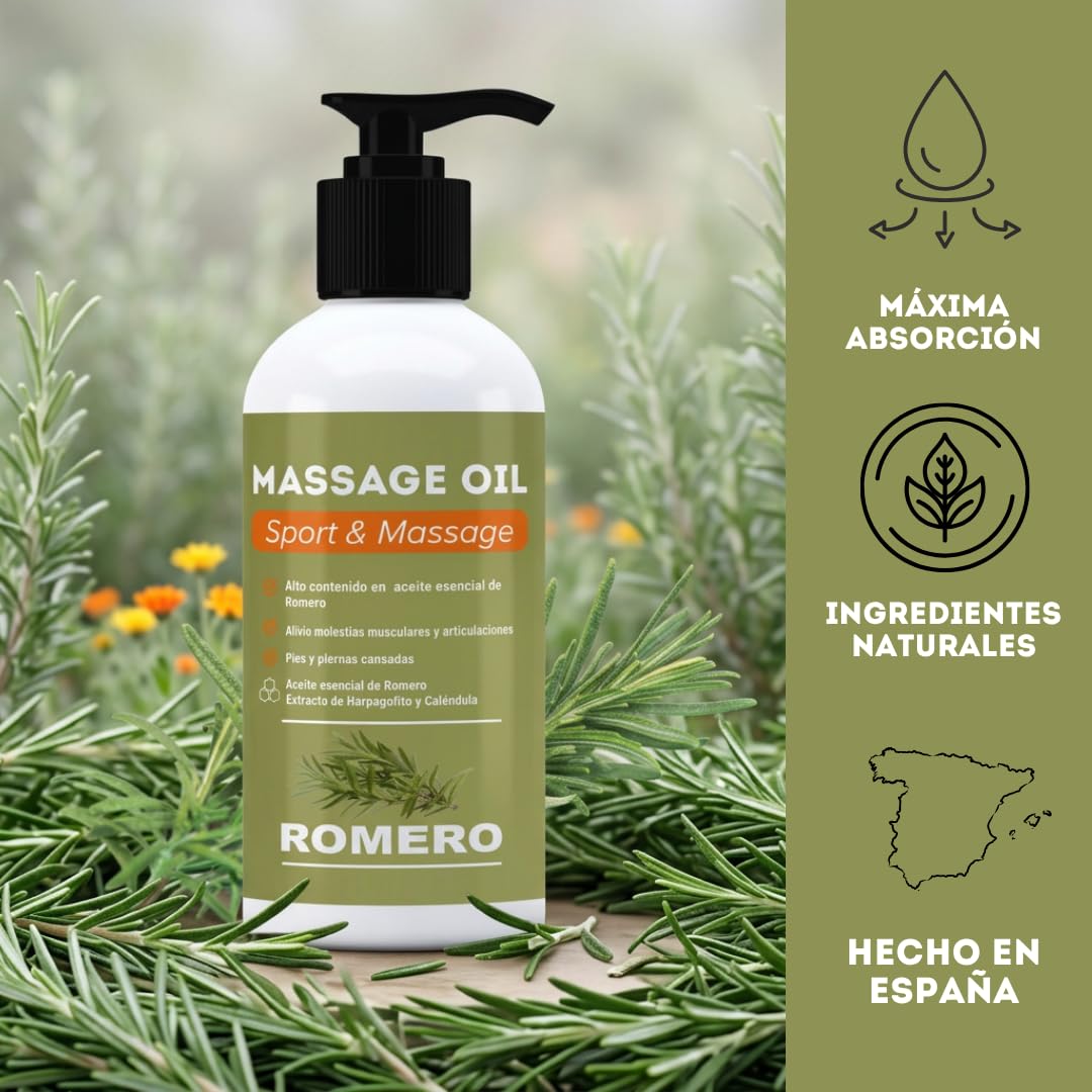 QKnatur - Aceite de ROMERO - Aceite para Masaje con Alto Contenido en Aceite Esencial de Romero y Extractos de Harpagofito y Calendula - Recuperador Muscular (250 ml) Aceite de Romero para Masaje