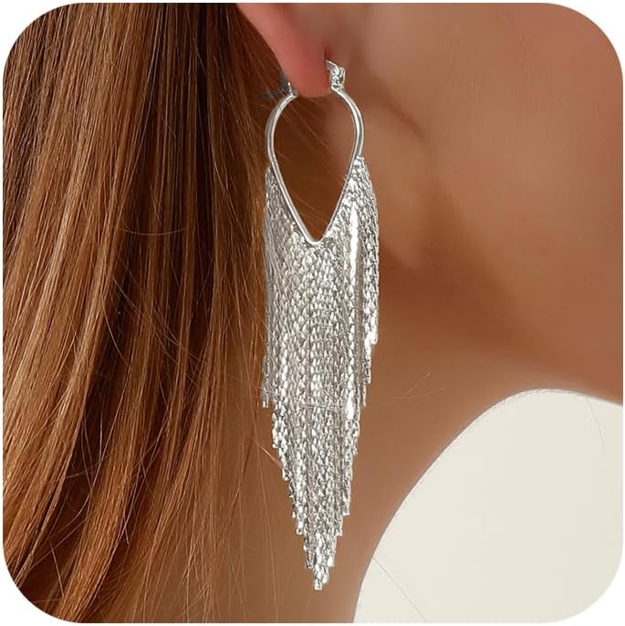 Ritach Silver Golden Tassel Earrings Dangling for Women Long Golden Formal Fringe Dangle Earrings Statement Chain Chandelier Trendy Jewelry for Party Prom