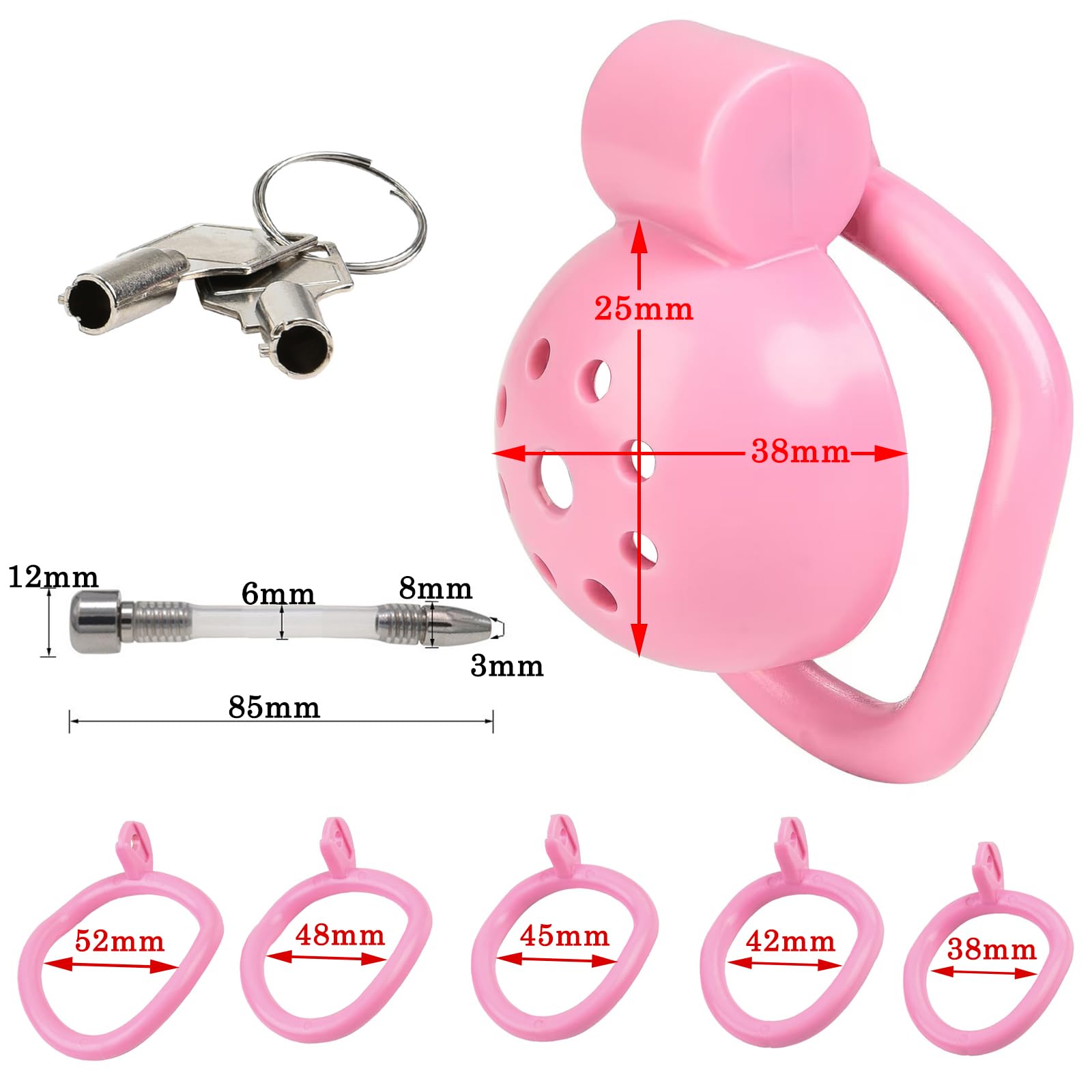 BDSMJOY Chastity cage con 4 cock rings et Dilatatore uretrale cavo, Gabbia per il pene per una facile minzione, Male uomo pene Cock cage Sex Toys per Prevenire L'erezione (Rosa)