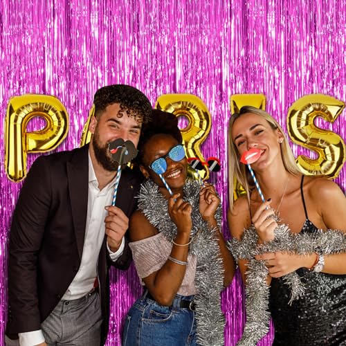 Image of 20 Pack Hot Pink Party Decorations - Tinsel Curtain Streamers Foil Fringe Backdrop for Birthday, Christmas, Bachelorette, Graduation, Fiesta Photo Booth