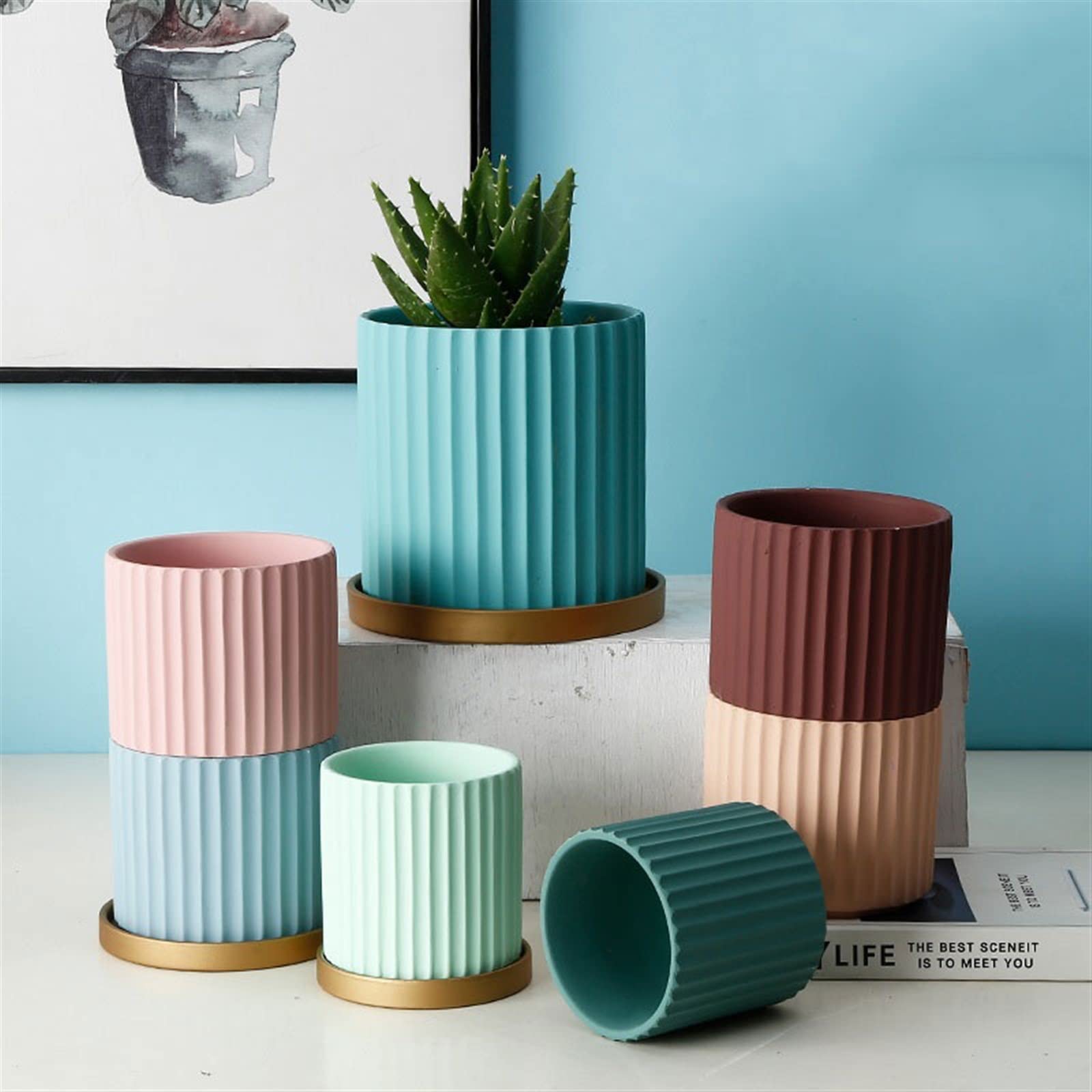 Doniczka prosta pionowa doniczka w paski z tacą okrągła ceramiczna doniczka wewnętrzna orchidea kaktus doniczka na sukulenty z otworami drenażowymi doniczka na rośliny (A)
