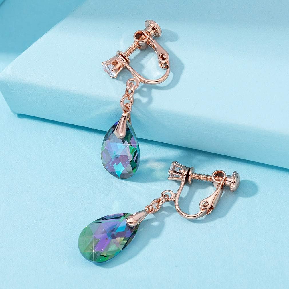 Teardrop Austrian Crystal Drop Clip On Dangle Earrings for Women Non Pierced 14K Rose Gold Plated Hypoallergenic Jewelry - Image 3