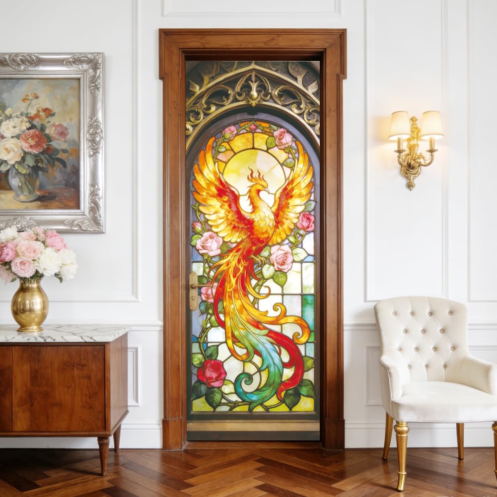 arricraft 2 Pcs 3D Self-Adhesive Door Sticker, 31.5"x78.7" Stained Glass Phoenix Rose Door Decorations Door Murals Stickers PVC Removable Wallpaper Decoration for Bedrooms ​Living Room
