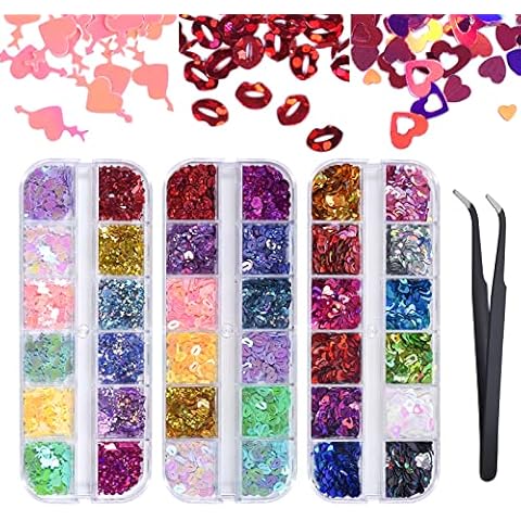 SHOKAN Valentines Nail Art Sequins, 3 Boxes /36 Grids Holographic Laser 3D Heart Lip Nail Glitter Sequins with Tweezers, Valentine's Day Nail Stickers for Women Girls Nail Art Face Eyes Decorations Cover