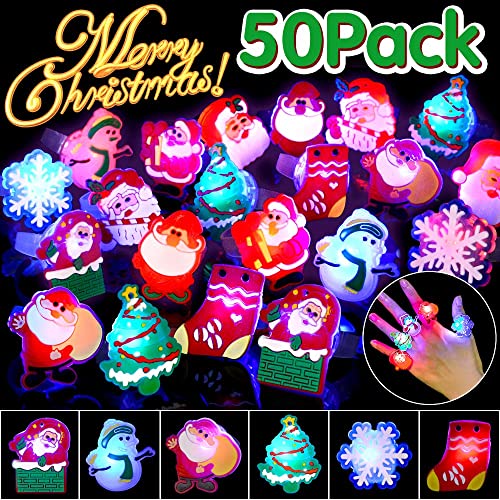 NOGBMEX Christmas Party Favors for Kids & Adults - 50pcs LED Light Up Ring Flash Finger Rings - Birthday & Christmas Decorations & Stocking Stuffers
