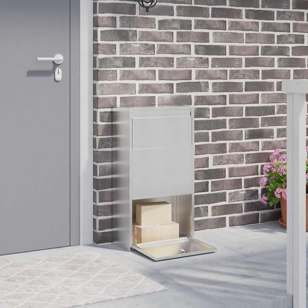 vidaXL Caja de Entrega de Paquetes con Puerta Plateado 44 x 22 x 82 cm, Buzón Elegante para jardín y terraza, Materiales Resistentes al Agua, Guarda Tus Paquetes a Salvo