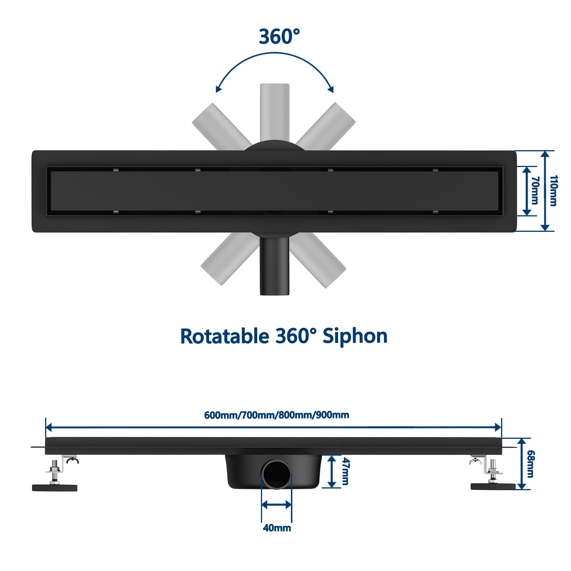 Neodrain Canaleta de ducha de acero inoxidable de 80 cm, desagüe de suelo 2 en 1, plano, color negro, con sifón de 360°, antiolores, filtro para el pelo