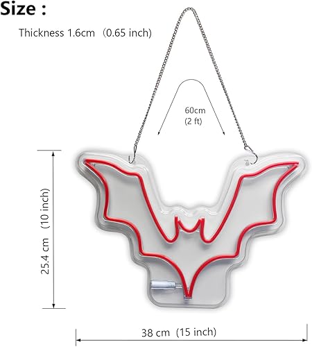 Miniatura 4 de Letrero de neón de murciélago grande para Halloween, 15 x 10 pulgadas, decoración de pared de vampiro espeluznante y decoración de Halloween,