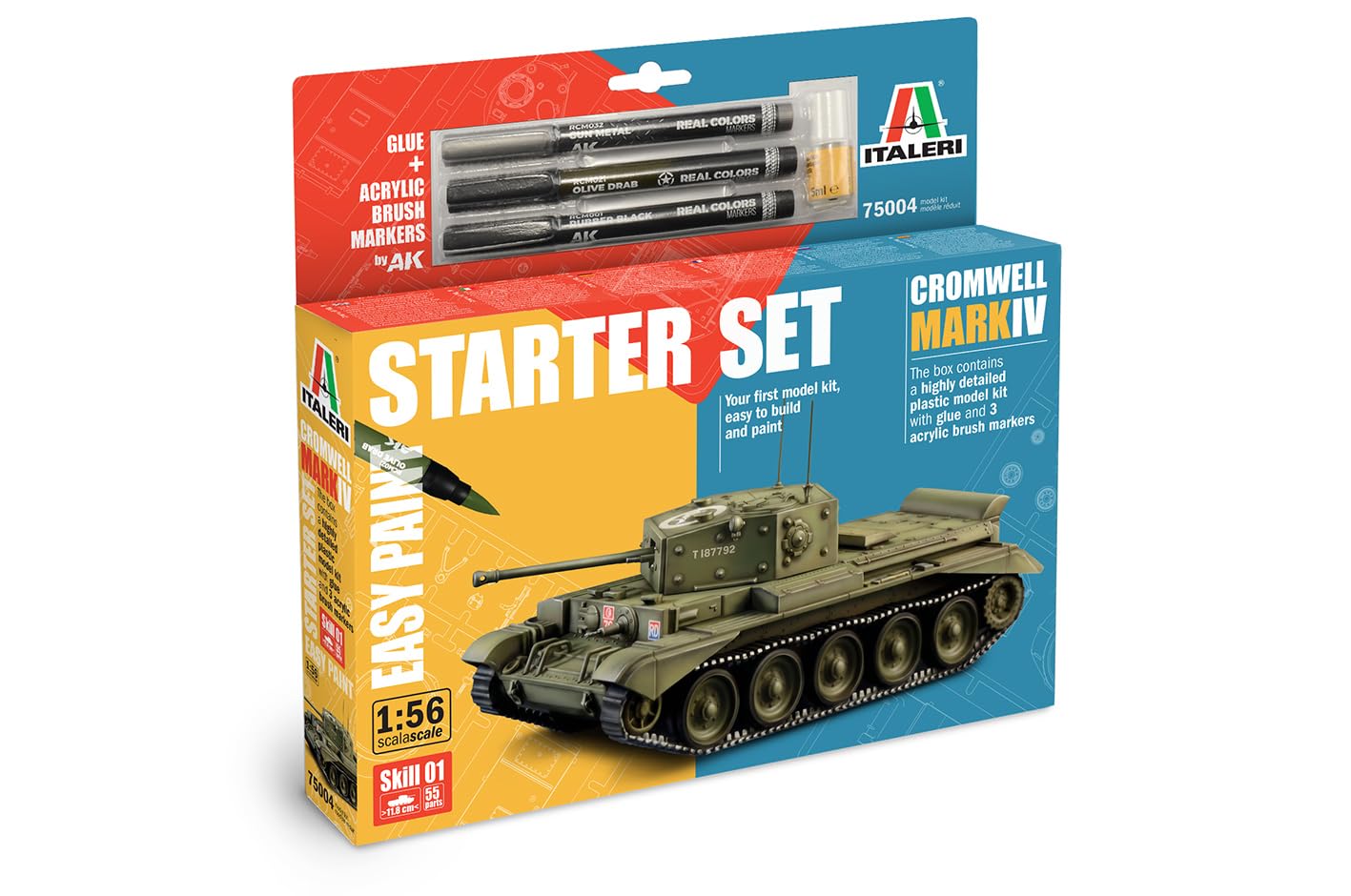 Italeri Zestaw startowy 75004 - Easy Paint: Cromwell Mk. IV, skala 1:56, zestaw modelarski z tworzywa sztucznego/plastikowy model do montażu, zawiera klej i 3 pisaki akrylowe do malowania