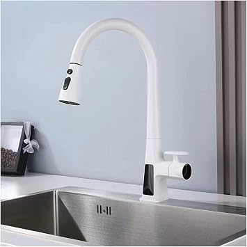 Kitchen Sink Faucets with Pullout Sprayer, Led Digital Temperature Display Kitchen Faucets, Kitchen Faucet with Pull Down Sprayer, 3 Function Pot Filler Faucet, Bar Faucet for Kitchen Sink,White